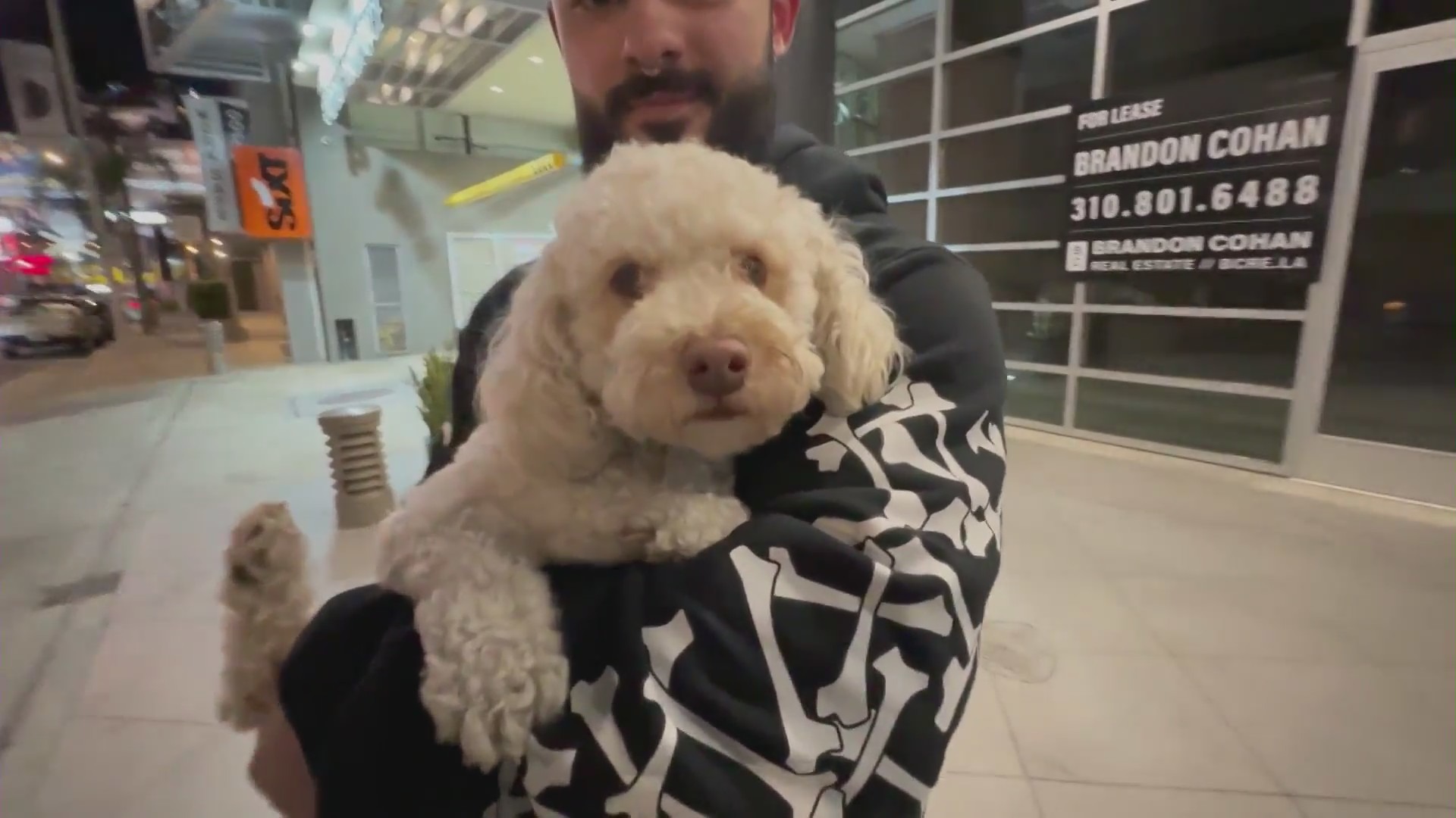 Rocco DiStefano, 29, and his 4-year-old dog, Hercules in West Hollywood on Feb. 28, 2024. (KTLA)