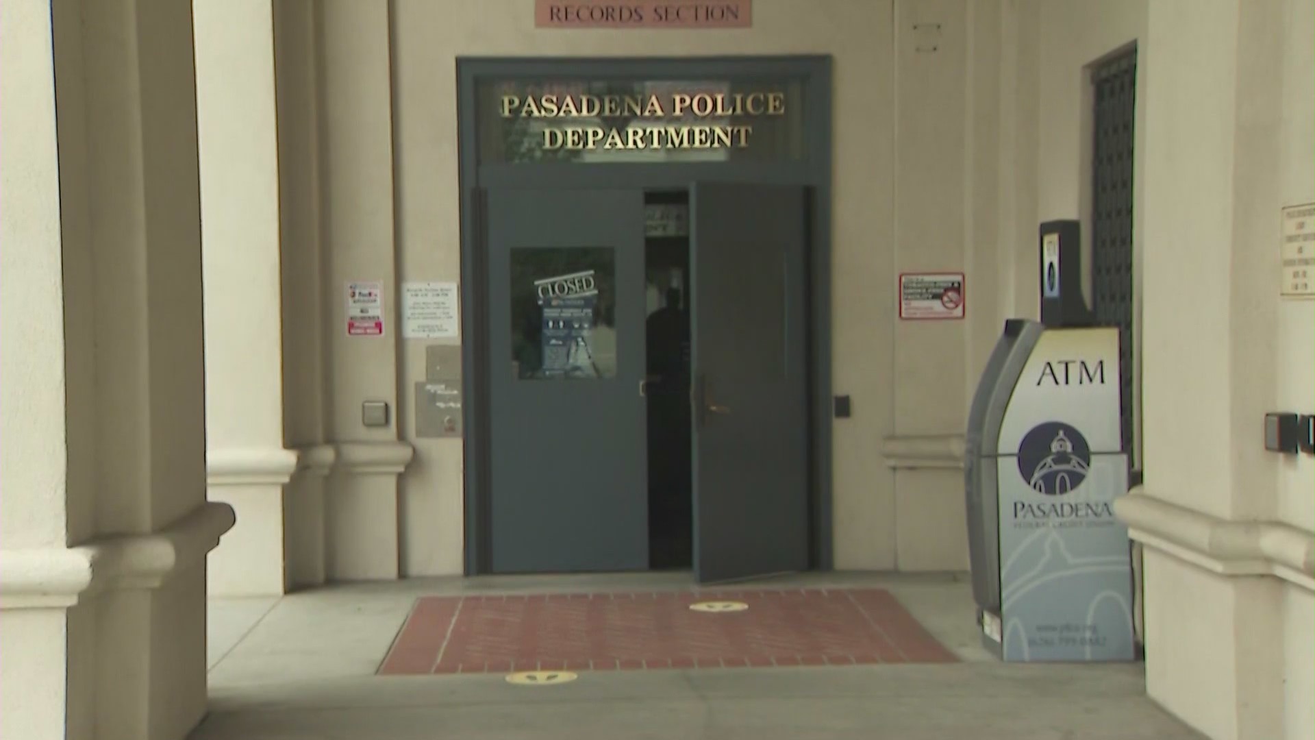 The entrance to the Pasadena Police Department. (KTLA)