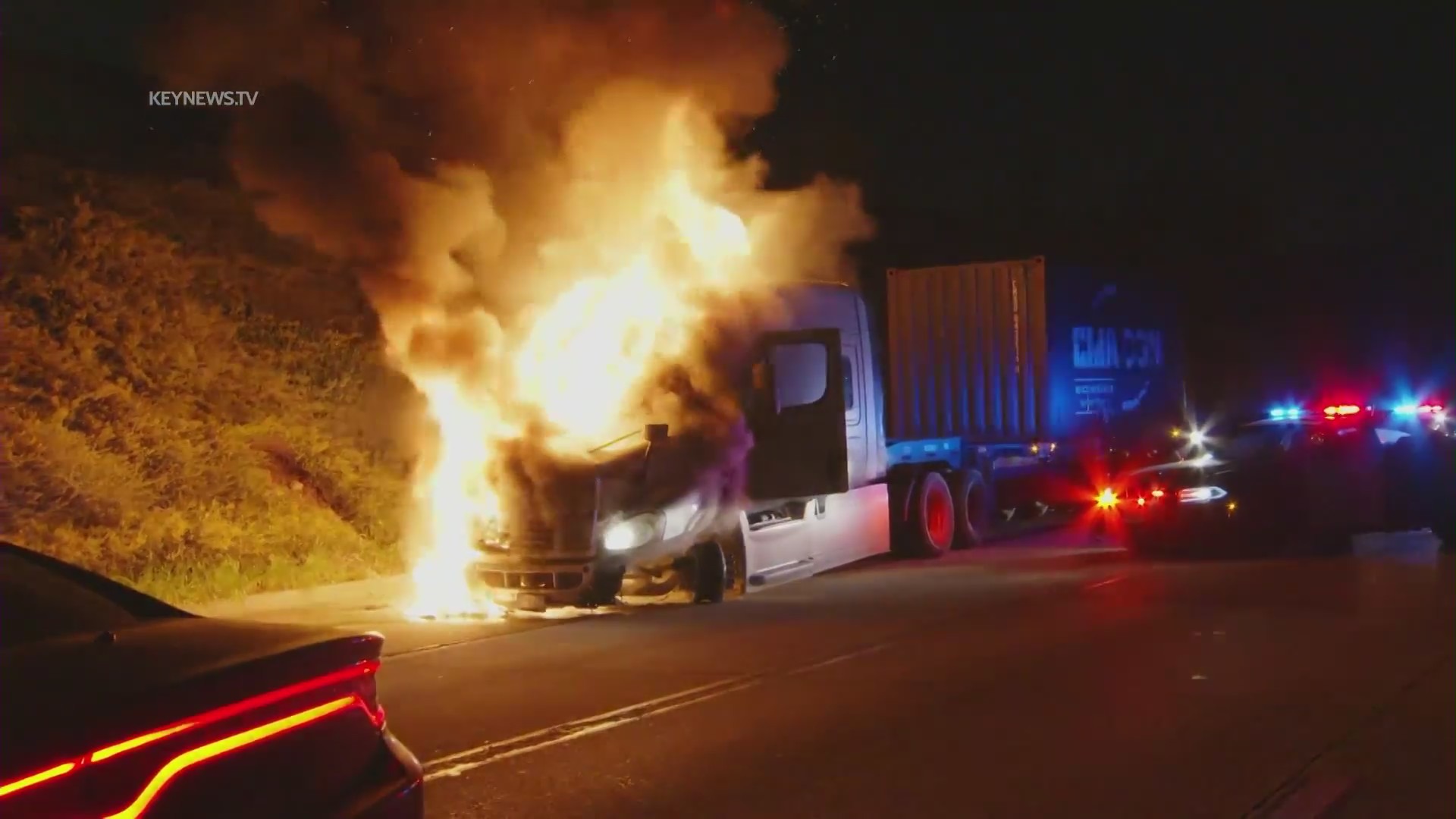 A semi-truck burst into flames in a pursuit that ended in Rancho Cucamonga on Feb. 21, 2024. (KeyNews.TV)