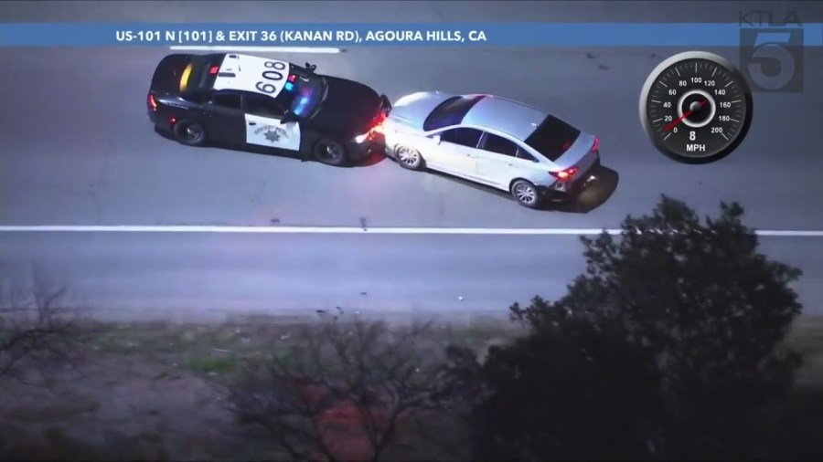 A carjacking suspect was arrested after a dangerous, high-speed pursuit through Los Angeles County on Feb. 14, 2024. (KTLA)