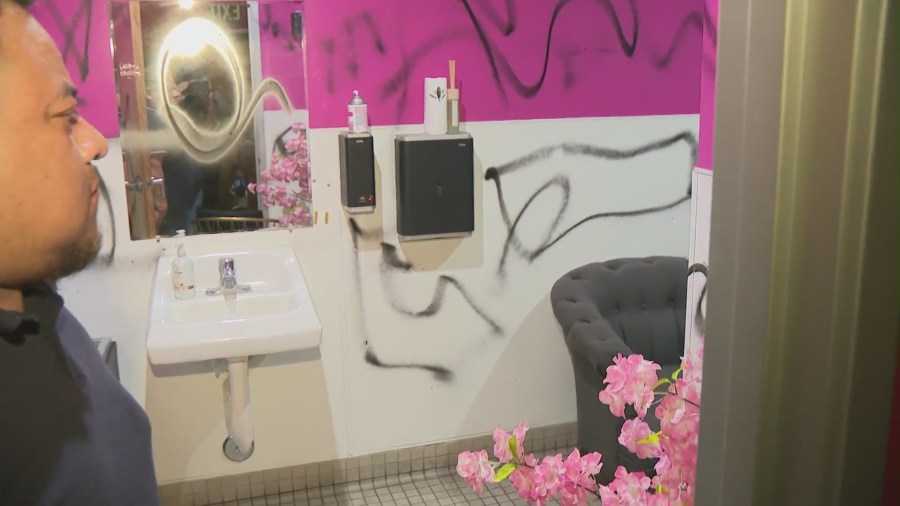 Graffiti left by a suspect who burglarized and vanadalized El Zarape on Feb. 26, 2024. (KTLA)