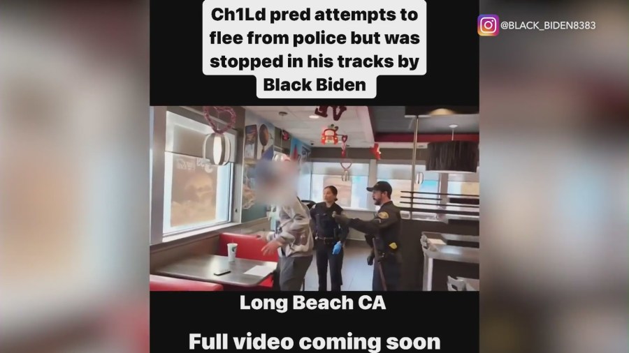 The moment officers chase a suspected child predator through a Carl's Jr. restaurant in Long Beach with the help of “Black Biden,” seen in the red hoodie. (@black_biden8383)