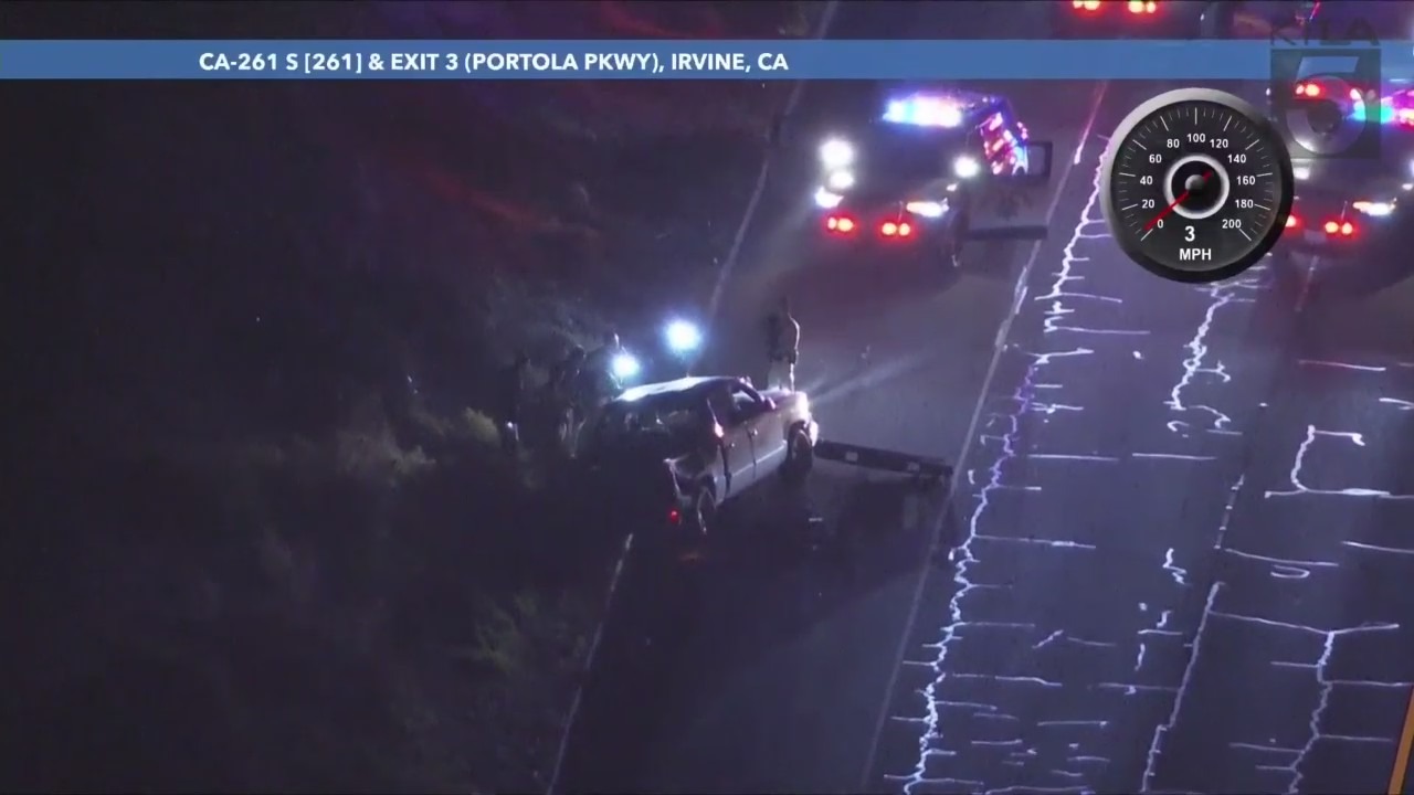 A suspect in a stolen vehicle was taken into custody after a pursuit through Los Angeles and Orange counties ended in a crash on Feb. 16, 2024. (KTLA)