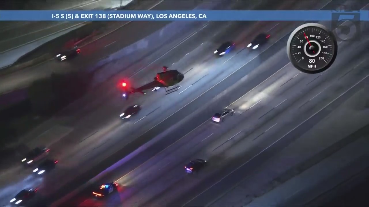 A carjacking suspect was arrested after a dangerous, high-speed pursuit through Los Angeles County on Feb. 14, 2024. (KTLA)