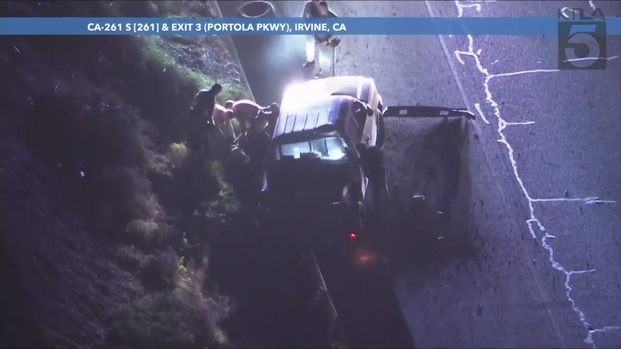 A suspect in a stolen vehicle was taken into custody after a pursuit through Los Angeles and Orange counties ended in a crash on Feb. 16, 2024. (KTLA)