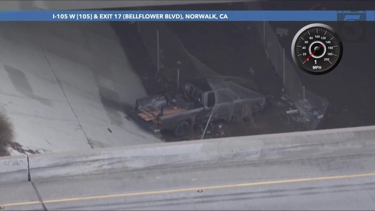 Authorities pursued a stolen pickup truck that crashed into a drainage canal in Los Angeles County on Feb. 2, 2024. (KTLA)