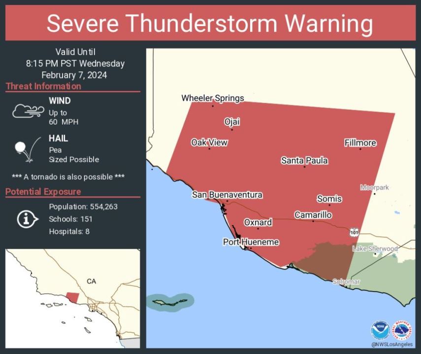 A severe thunderstorm warning was issued across Oxnard, San Buenaventura and  Camarillo on Feb. 7, 2024, (National Weather Service)
