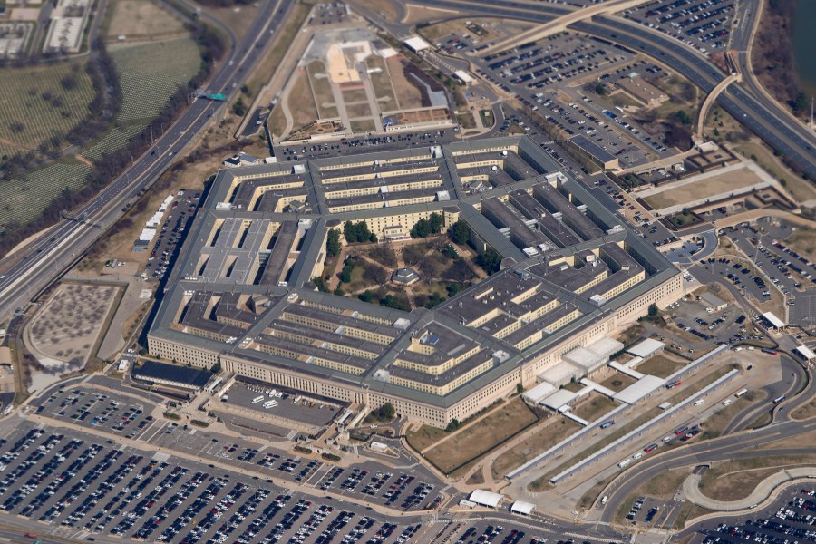 FILE - The Pentagon is seen from Air Force One as it flies over Washington, March 2, 2022. A new Pentagon study that examined reported sightings of UFOs over nearly the last century has found no evidence of aliens or extraterrestrial intelligence. That conclusion is consistent with past U.S. government efforts to assess the accuracy of claims that have captivated public attention for decades. (AP Photo/Patrick Semansky, File)