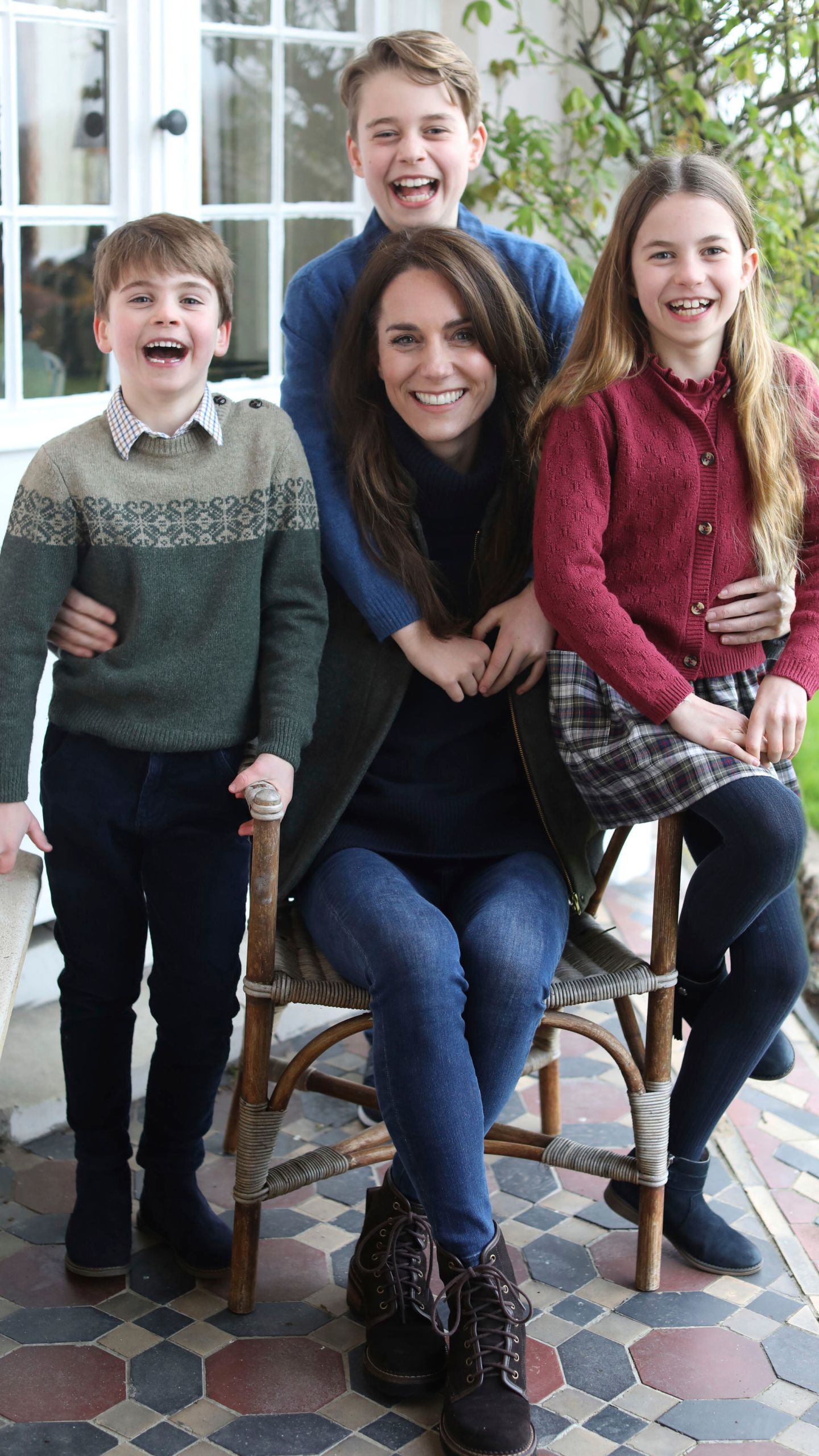 This undated photo issued on Sunday March 10, 2024 by Kensington Palace shows Kate, Princess of Wales with her children, Prince Louis, left, Prince George and Princess Charlotte, taken in Windsor, England, by Prince William earlier this week. The Princess of Wales shared a message on social media thanking the public for their continued support and wishing people a Happy Mother's Day. (Prince of Wales/Kensington Palace via AP)