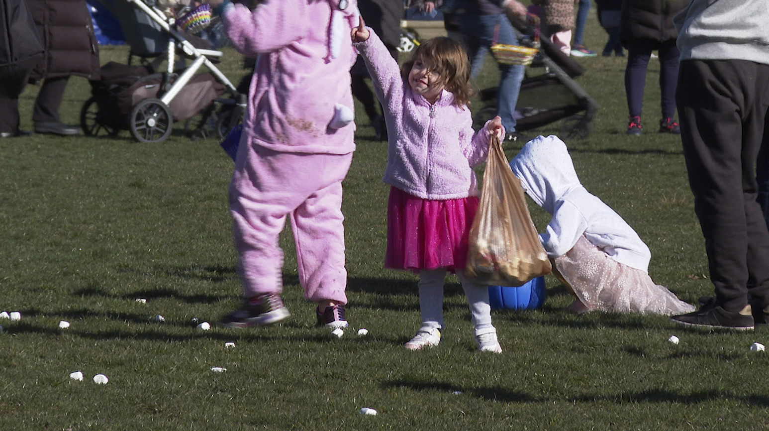 In this photo made from video, children race to snatch up marshmallows that were dropped from a helicopter to the park below in Southfield, Mich., on Friday, March 29, 2024. The annual Great Marshmallow Drop took place at Catalpa Oaks County Park in Southfield, Michigan, and was hosted by Oakland County Parks. (AP Photo/Mike Householder)