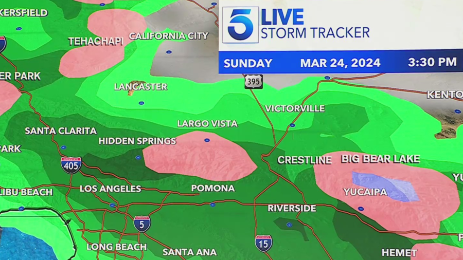 KTLA's storm tracker on March 22, 2024, shows the predicted moisture over Southern California for Sunday.