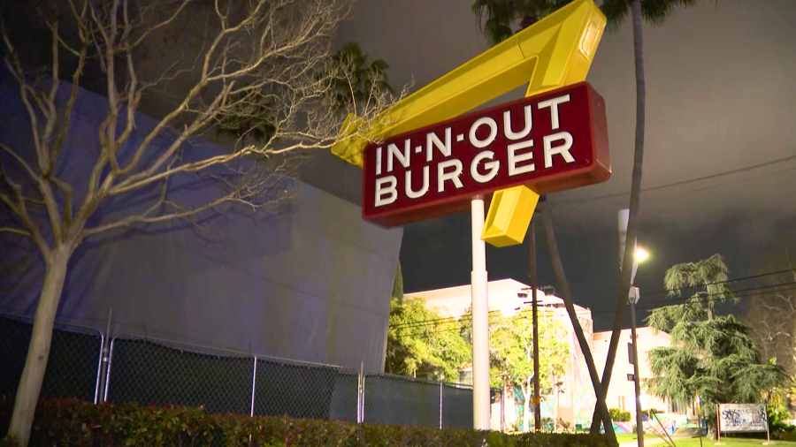 A closed In-N-Out Burger location in Hollywood is seen with a tent over it on March 13, 2024.