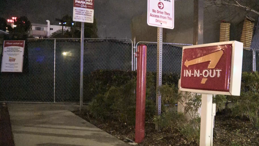 A closed In-N-Out Burger location in Hollywood is seen with a tent over it on March 13, 2024. 