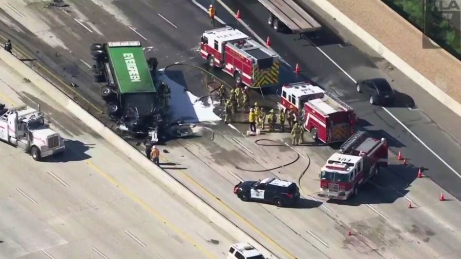 A big rig crashed through a center divider on the 57 Freeway in Orange County on March 25, 2024.