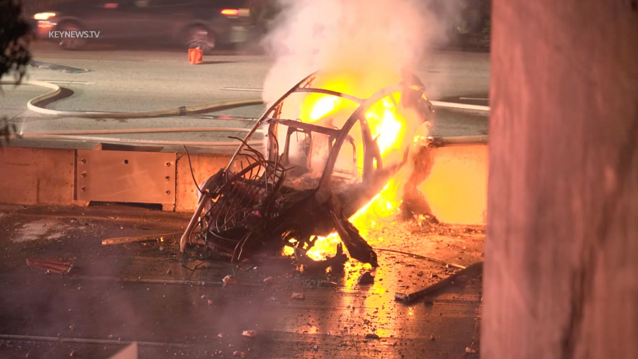 Two men were seriously injured in a fiery crash in the Griffith Park neighborhood of Los Angeles on March 3, 2024.