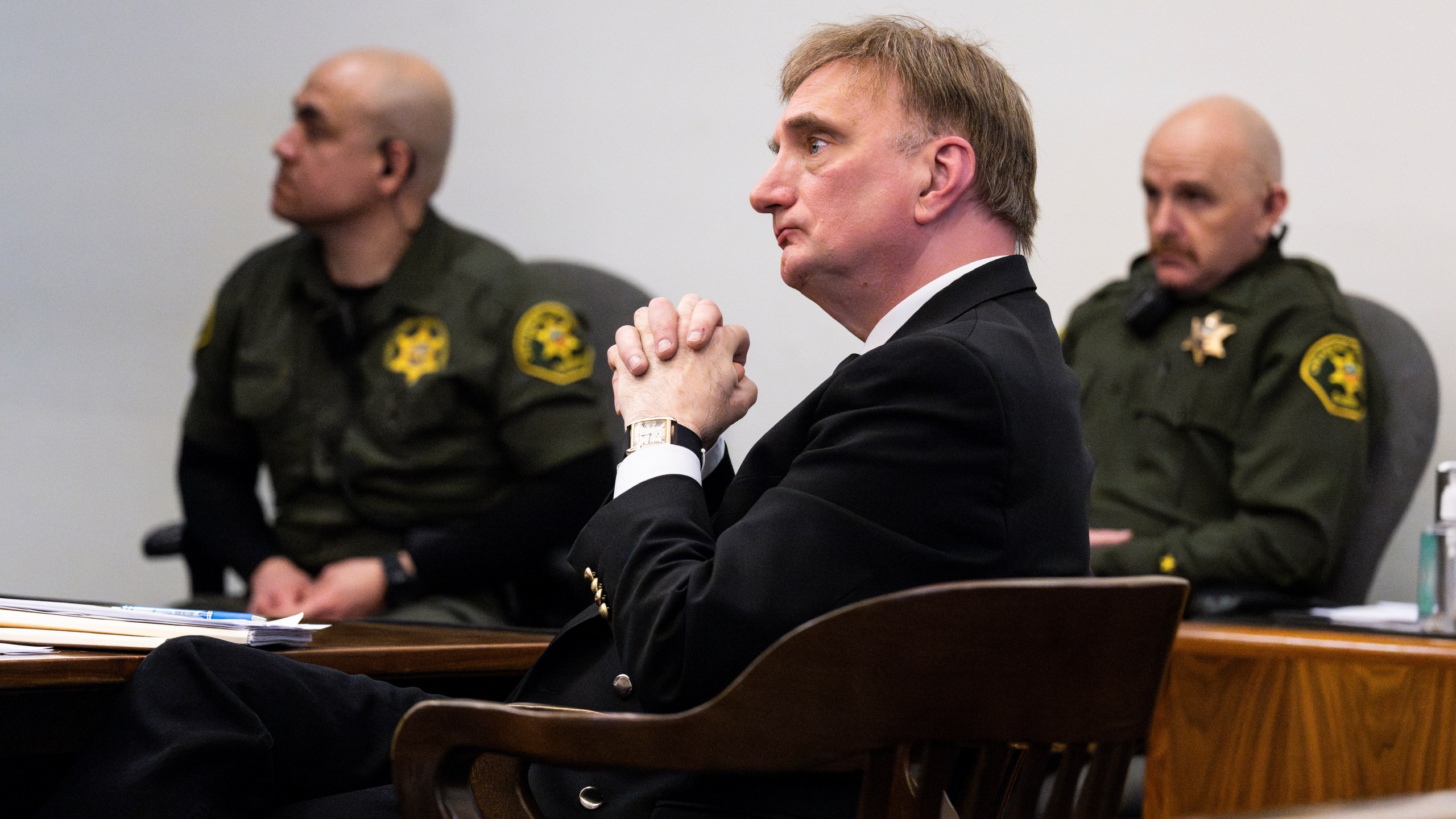 Eric Scott Sills listens during opening statements in Orange County Superior Court in Santa Ana, CA on Tuesday, November 28, 2023. Sills is on trial for the death of his wife, Susann Sills. (Photo by Paul Bersebach/MediaNews Group/Orange County Register via Getty Images)