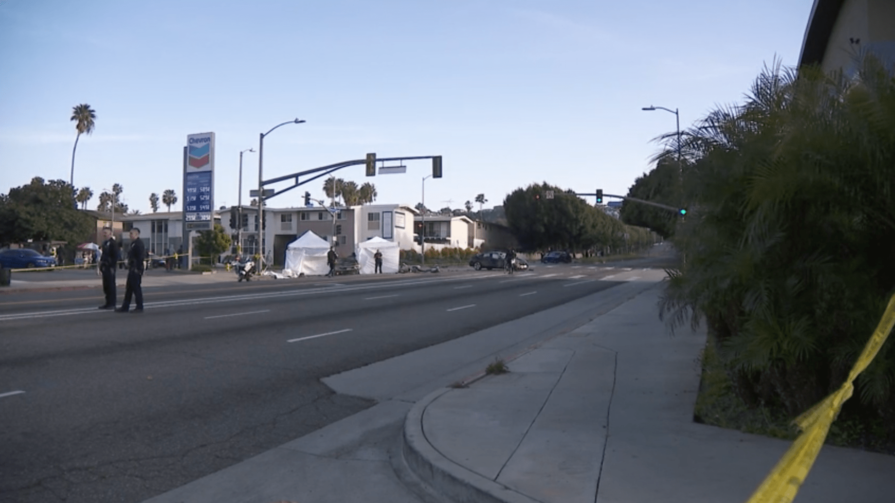 LAPD officers investigate after two people were killed following a multi-vehicle crash in Baldwin Hills on March 9, 2024. (KTLA)