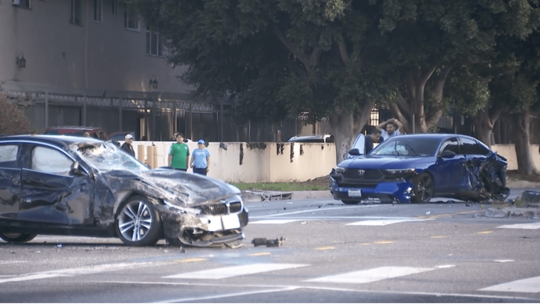 Three vehicles were involved in a deadly crash in Baldwin Hills. The occupants of the cars pictured were treated for minor injuries on March 9, 2024. (KTLA)