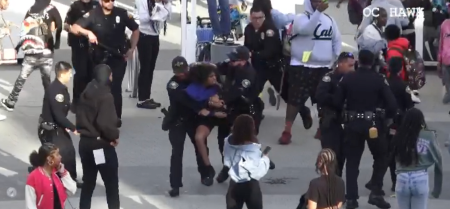 Long Beach Police intervened after a fight broke out among two juveniles at The Pike Outlets in Long Beach on March 16, 2024. (OC Hawk)