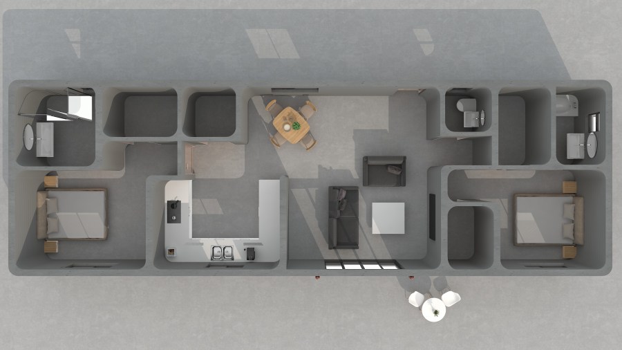 A concept rendering shows the interior layout of a 3D printed, fire-resistant ADU in Walnut, California. (RIC Technology)