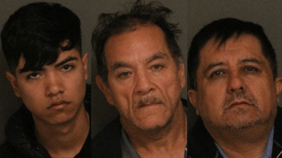 From left: Ricardo Navarete-Loyola, Leopoldo Jara-Araya, and Julio Cordova-Martinez in booking photos from the Irvine Police Department.