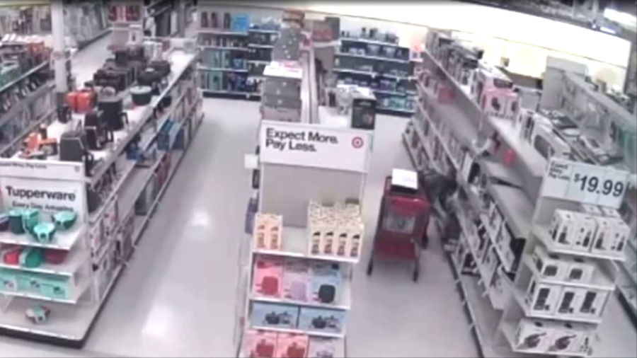 Security cameras captured a woman stealing a cart full of KitchenAid mixers at a Target store in Chino. (Chino Police Department)