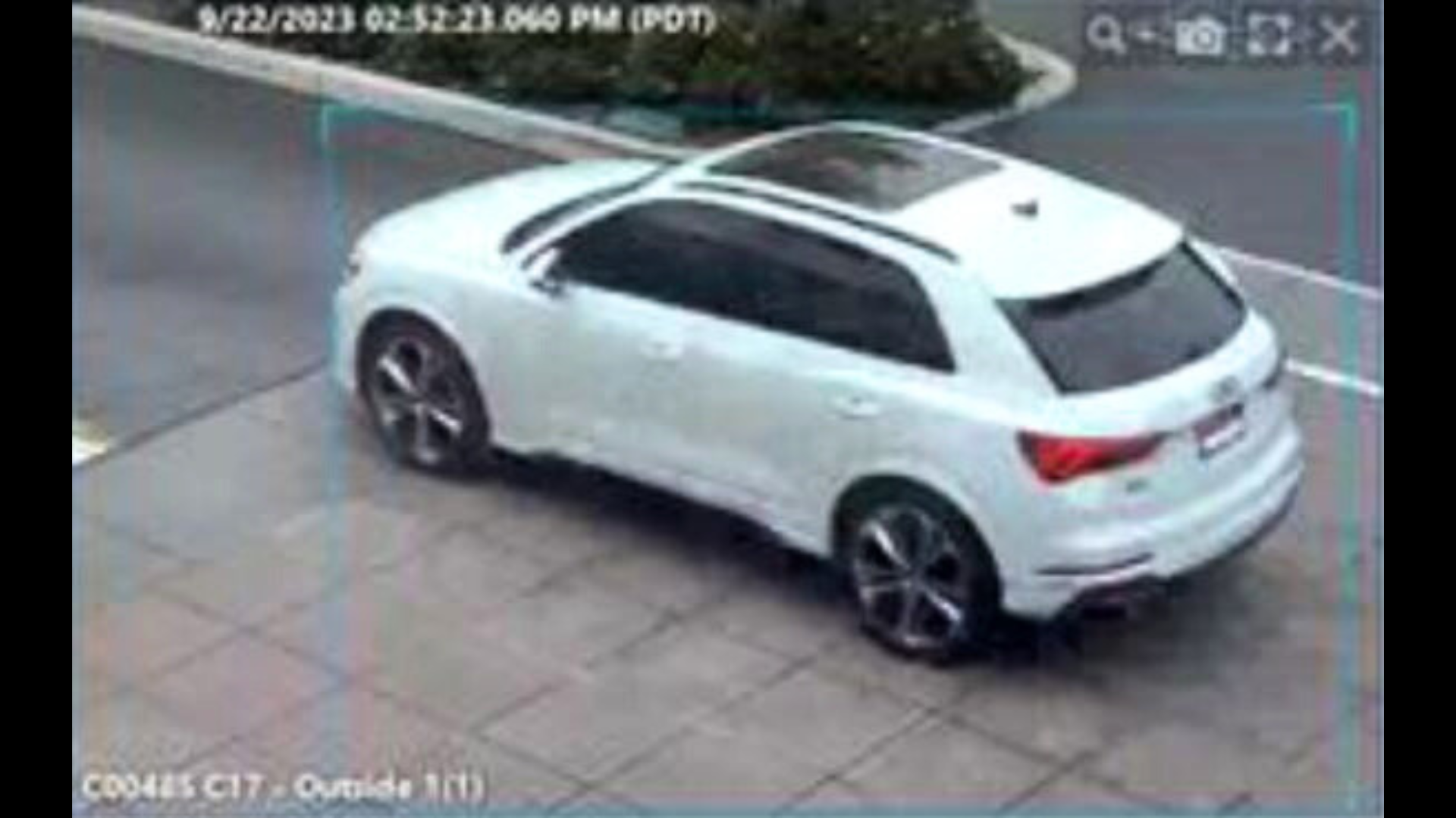 The white Audi SUV five suspects used as a getaway car in a jewelry smash-and-grab robbery in Rancho Cucamonga. (San Bernardino County Sheriff's Department)