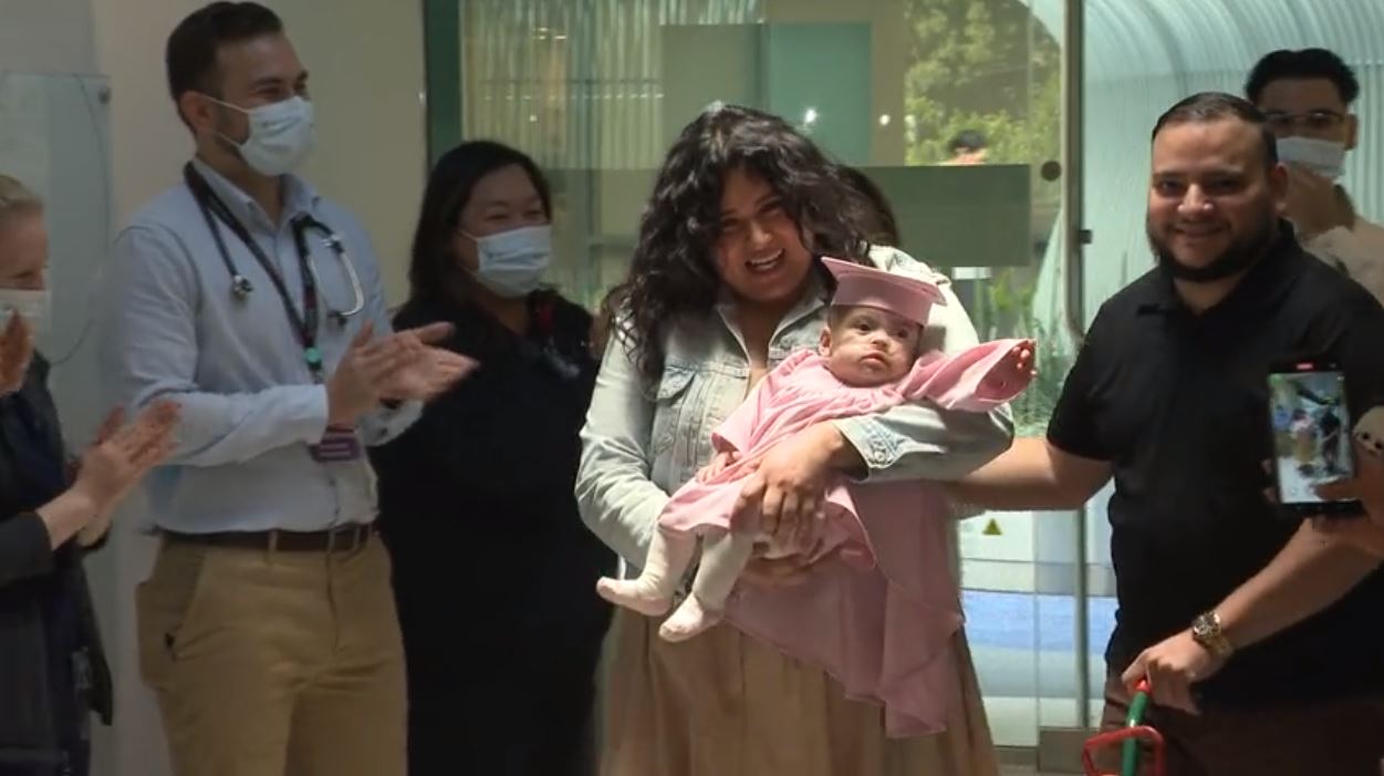 Ellyannah Lopez, the smallest baby ever born at Cedars-Sinai Medical Center, celebrated her graduation from the NICU 10 months after her birth on March 15, 2024. (KTLA)