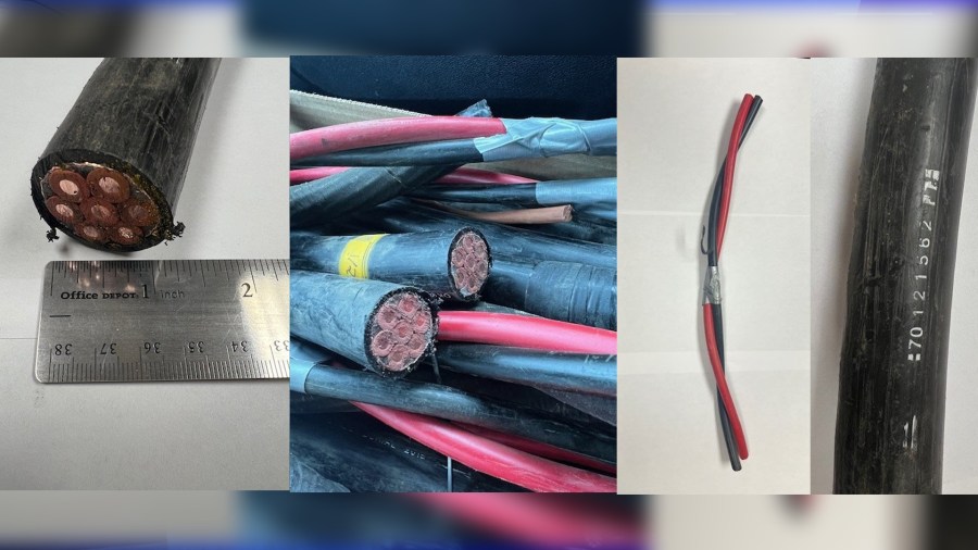 Stolen copper wires from Metrolink's system are shown in this undated set of photos provided by the Los Angeles County Sheriff's Department.