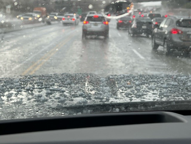 Severe hail storm on the 118 Freeway near Porter Ranch on March 7, 2024. (KLTA viewer Sarah)