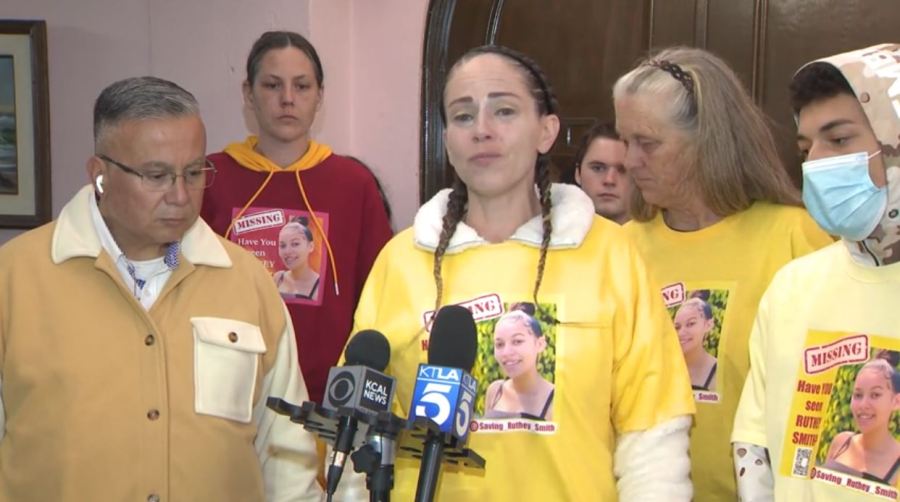 Kathryn Renesto, the vicitm's mother, speaks at a press conference on March 2, 2024 as loved ones continue searching for Ruthey Smith. (KTLA)