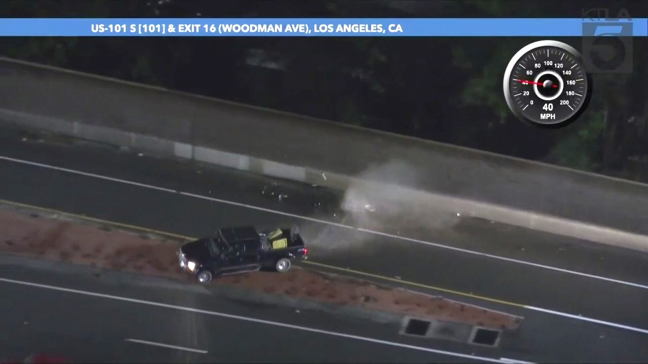 The suspect spun out and crashed after attempting to quickly exit the freeway during a pursuit on March 7, 2024. (KTLA)