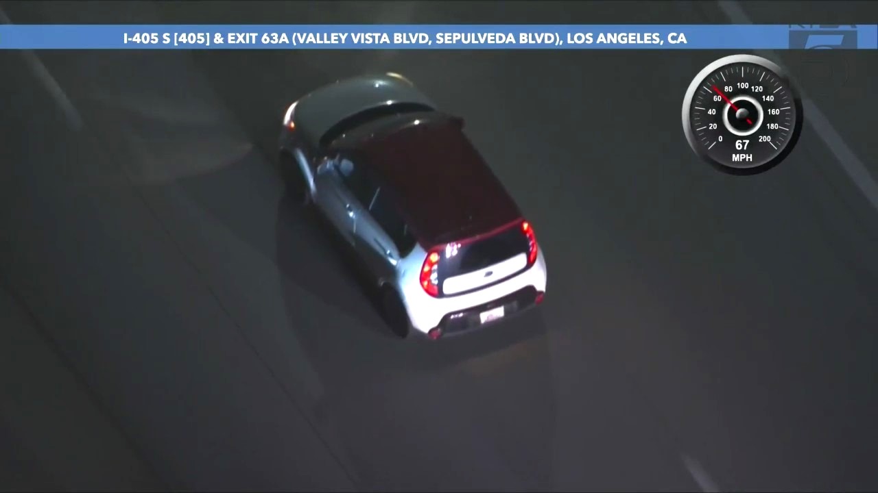 A driver in a stolen car was arrested after crashing during a high-speed pursuit through Los Angeles County on March 14, 2024. (KTLA)