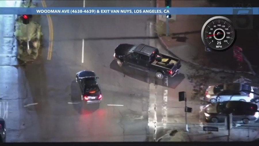 The pickup truck narrowly missed hitting other vehicles during a dangerous pursuit on March 7, 2024. (KTLA)