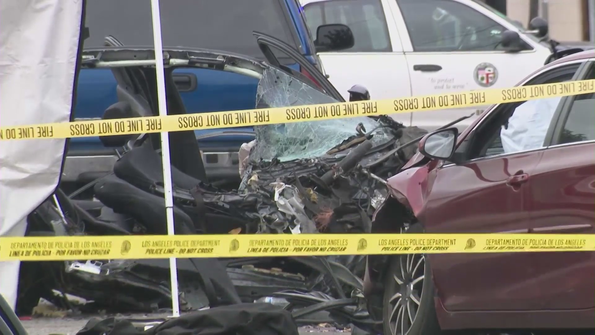 Two people were killed after being ejected from a vehicle where the suspected DUI driver attempted to flee the scene in Jefferson Park on March 28, 2024. (KTLA)