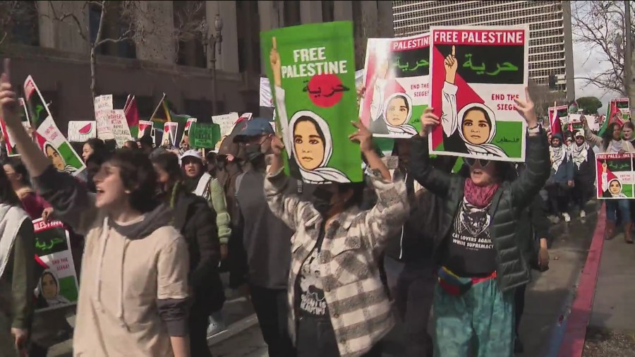 Thousands of demonstrators marched in downtown Los Angeles demanding an Israeli ceasefire after months of fighting in Gaza on Feb. 2, 2024 (KTLA)