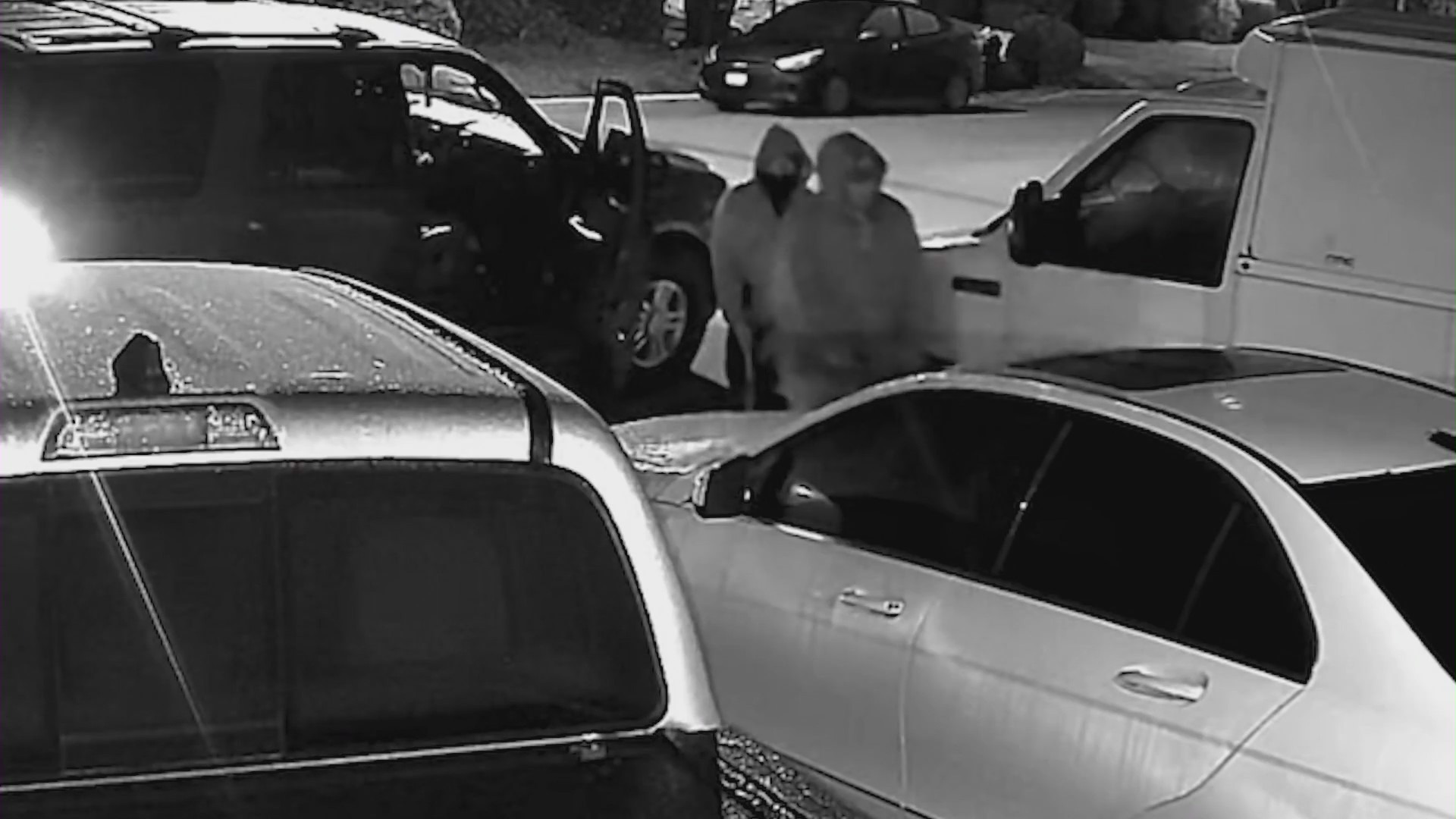 Two hooded suspects steal a plumber's work van and tools in Gardena on March 28, 2024. (Robert Powell)