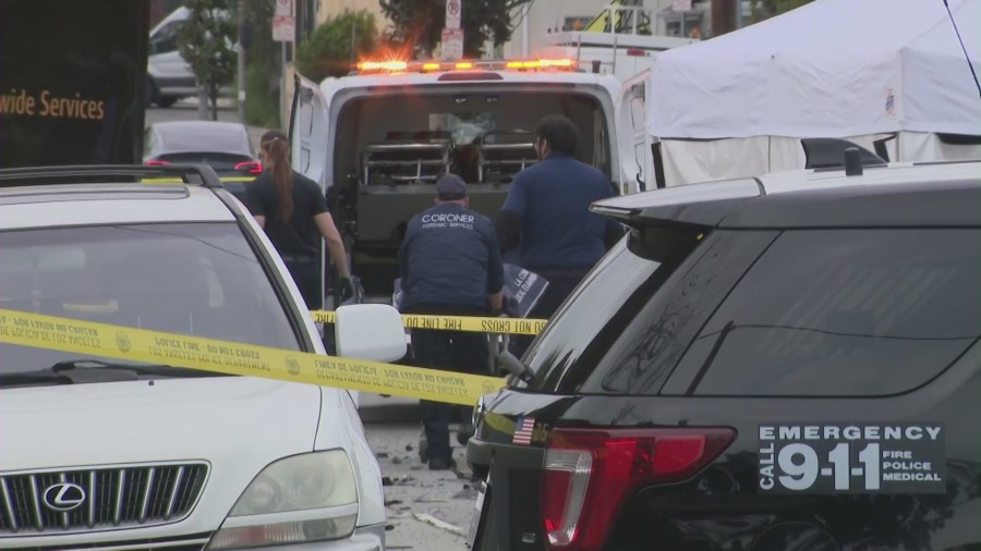 Two people were killed after being ejected from a vehicle where the suspected DUI driver attempted to flee the scene in Jefferson Park on March 28, 2024. (KTLA)