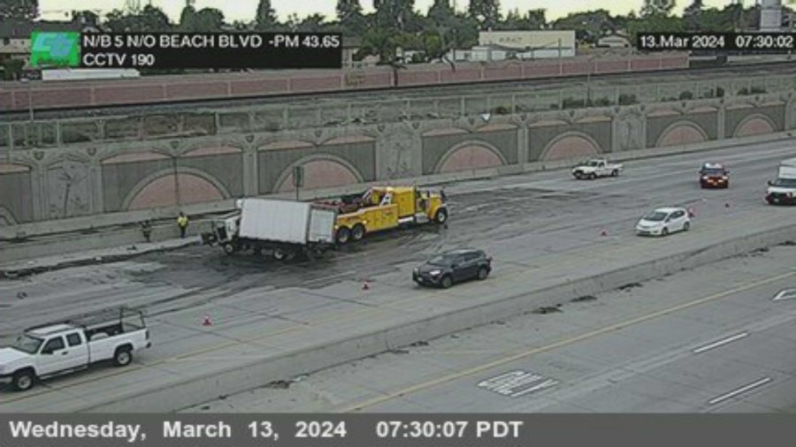 Fiery crash snarls traffic on 5 Freeway near Los Angeles-Orange County line 