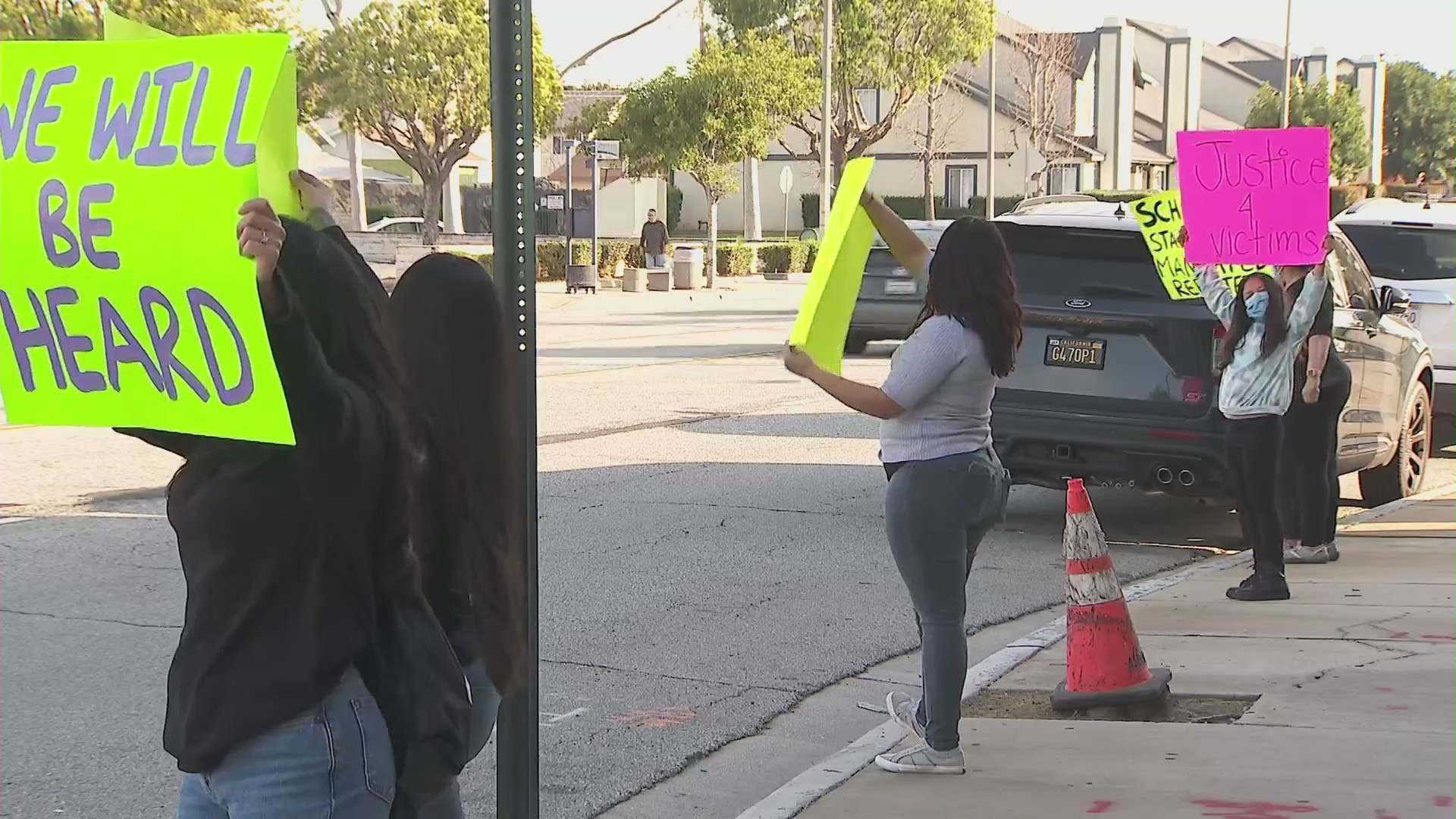 Parents and students gathered outside The Montebello Unified School District headquarters on March 20, 2024 over alleged bullying and sex assault incidents. (KTLA)