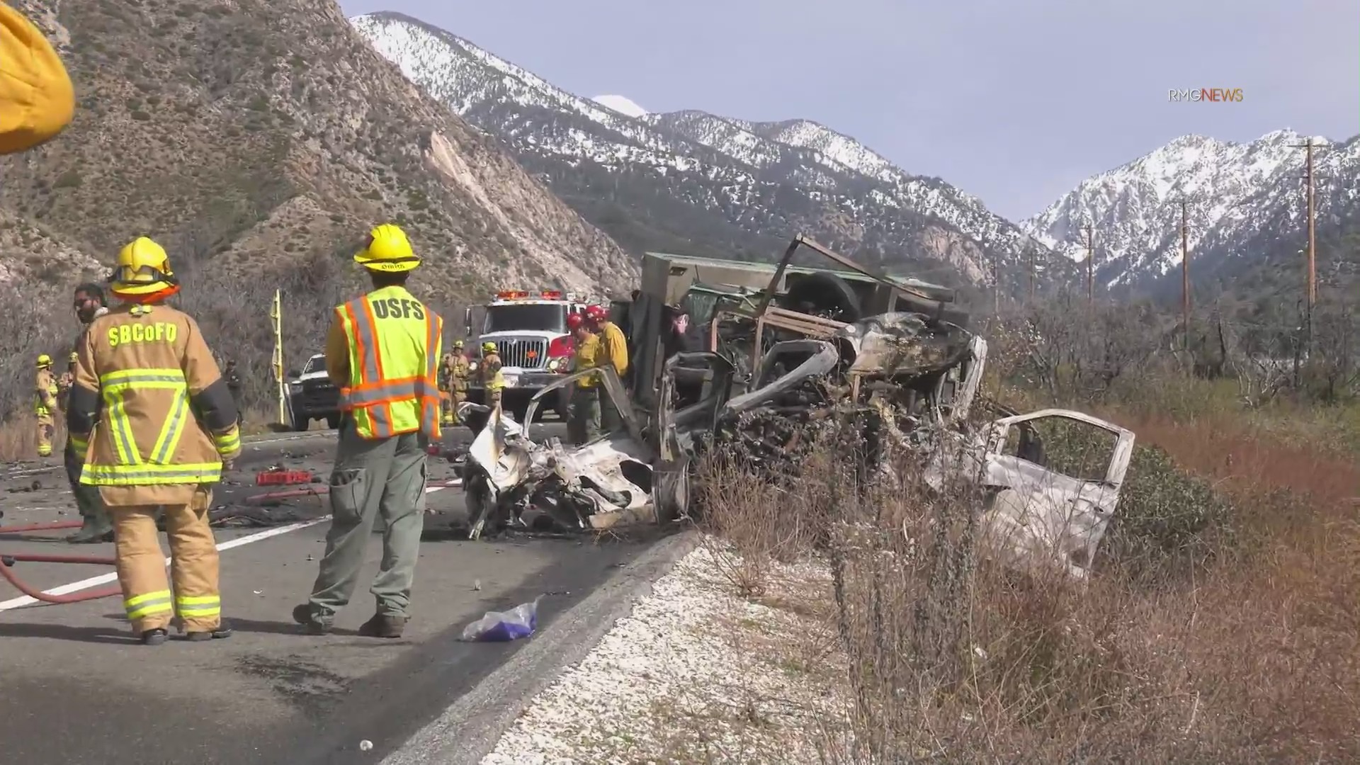 One person was killed and several others were injured after a crash involving a U.S. Forest Service vehicle and an RV in San Bernardino County on March 9, 2024. (RMG News)