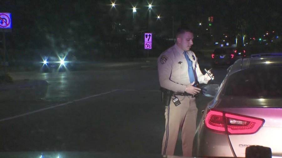 California Highway Patrol officer Luis Quintero works to ensure roads are safe from anyone driving under the influence as part of his job with CHP’s Impaired Driving Task Force on March 16, 2024. (KTLA)