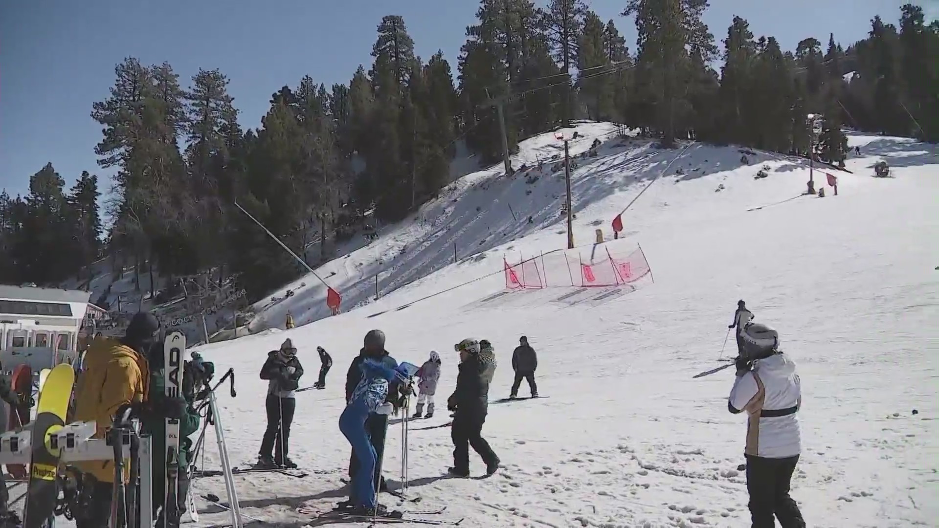 Skiers and snowboarders enjoying the slopes at Mt. High in Wrightwood, California. (KTLA)