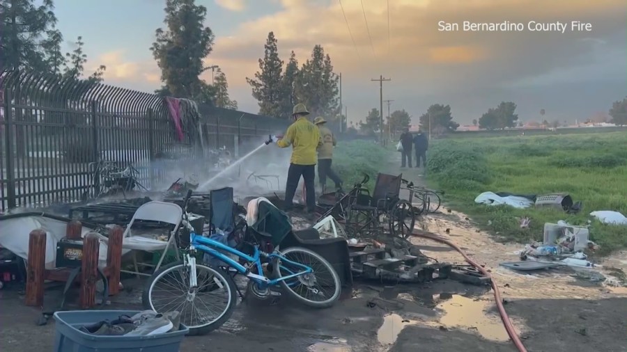 Firefighters extinguished an encampment fire in San Bernardino on Feb. 29, 2024. (San Bernardino County Fire Department)