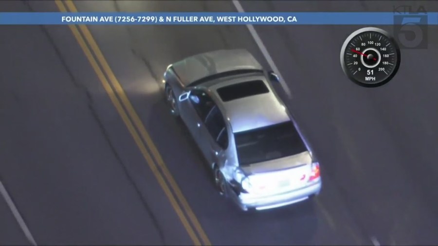 A suspect in a stolen vehicle was arrested after a dangerous pursuit through the streets of West Hollywood and downtown Los Angeles on March 29, 2024. (KTLA)