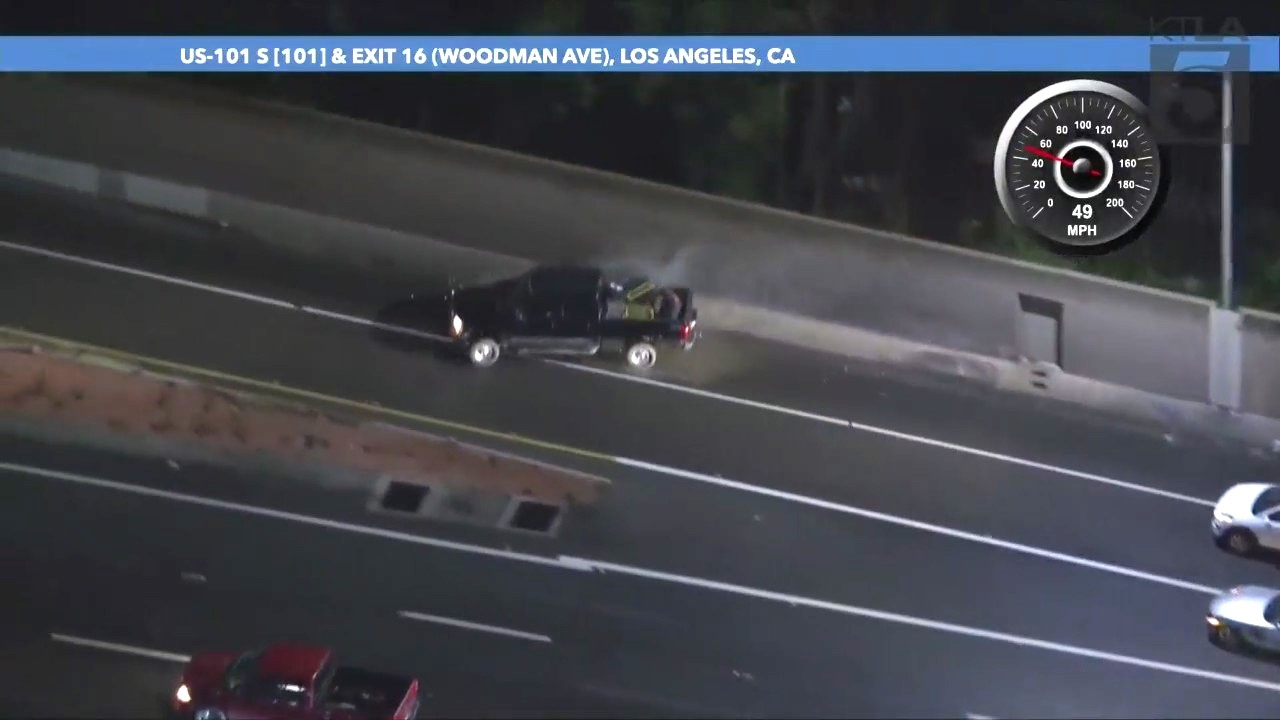 The suspect spun out and crashed after attempting to quickly exit the freeway during a pursuit on March 7, 2024. (KTLA)