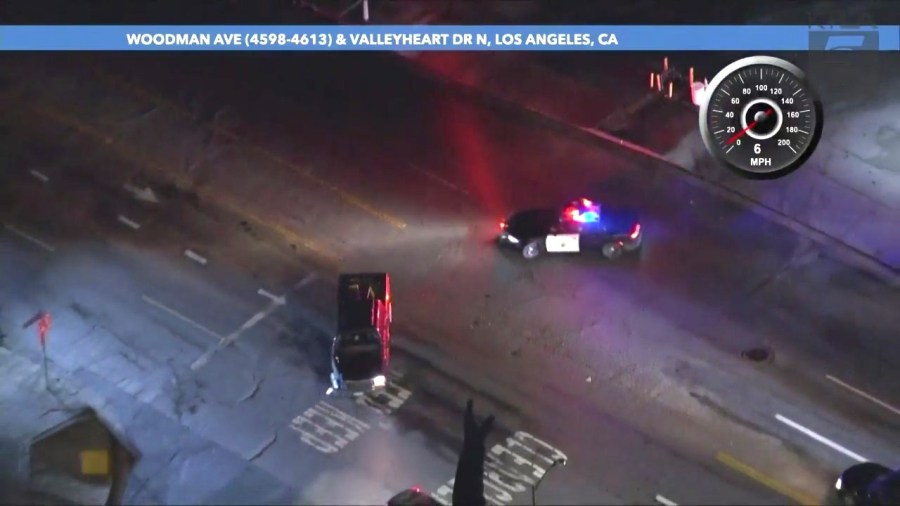 Moments after the suspect crashed into a metal pole during a dangerous pursuit on March 7, 2024. (KTLA)