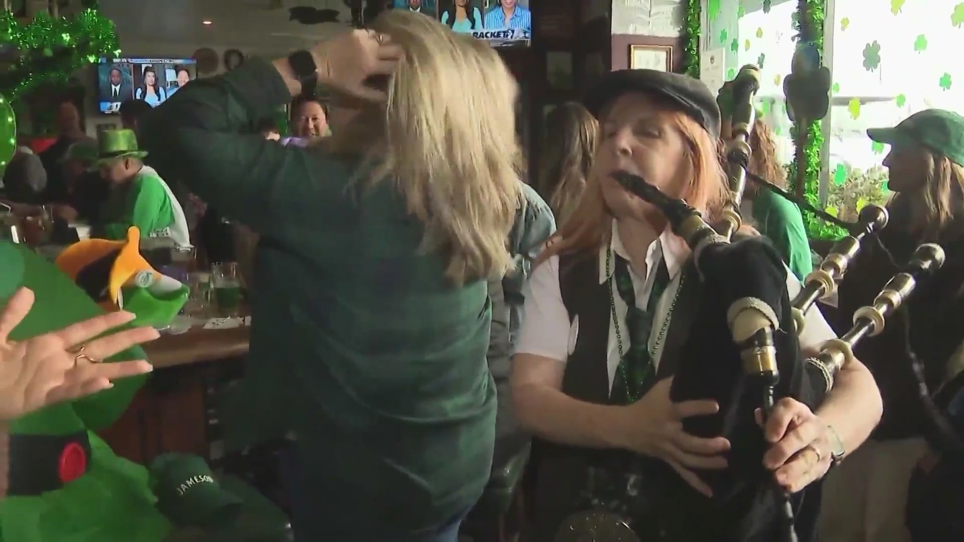 Partygoers celebrate St. Patrick's Day in a Los Angeles bar. (KTLA)