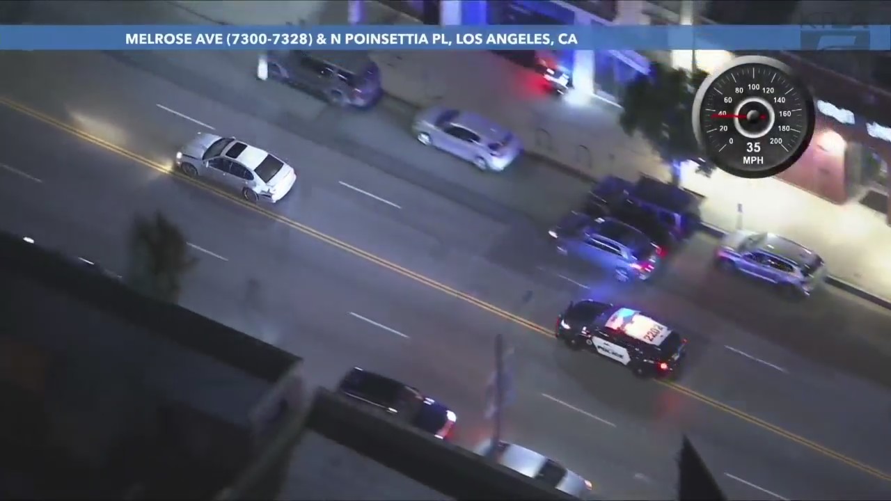 A suspect in a stolen vehicle was arrested after a dangerous pursuit through the streets of West Hollywood and downtown Los Angeles on March 29, 2024. (KTLA)