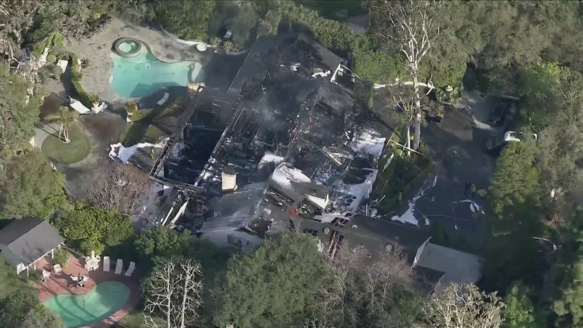 A massive fire destroyed the Studio City home of Cara Delevingne on March 15, 2024. (KTLA)